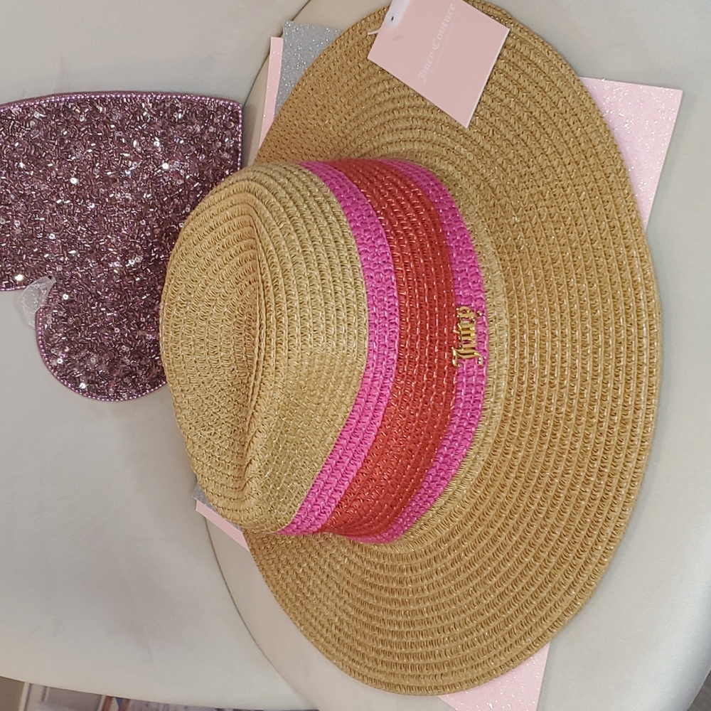 πHPπ Juicy Couture β€οΈπNWTπβ€οΈ Natural Straw Fedora Hot Pink & Red Stripe!β€οΈπ - Picture 5 of 14